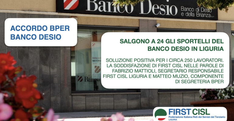 Accordo con Bper, First Cisl Liguria: “Salgono a 24 gli sportelli del Banco Desio nella nostra regione”