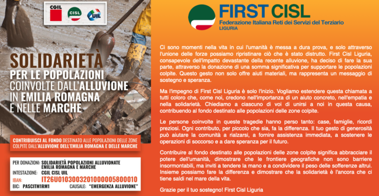 First Cisl Liguria: un gesto di solidarietà per le popolazioni colpite dall’alluvione