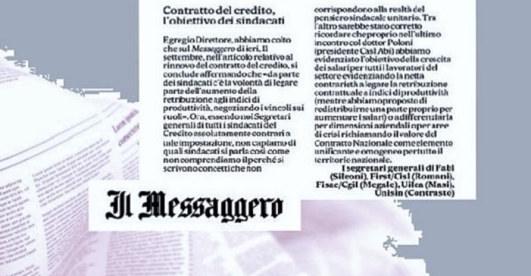 Ccnl Abi, i segretari generali replicano al Messaggero