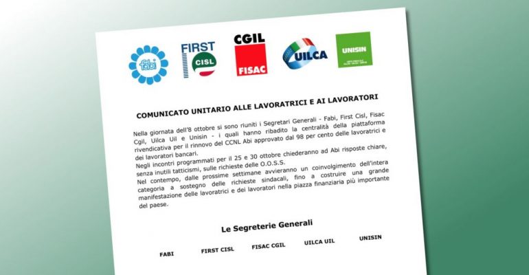Rinnovo contratto, i sindacati, il 25 e 30 ottobre da Abi risposte chiare