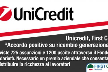 Unicredit, First Cisl, accordo positivo su ricambio generazionale