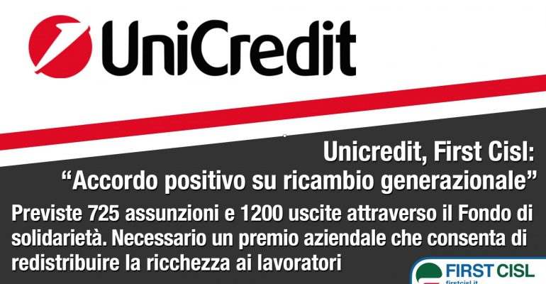 Unicredit, First Cisl, accordo positivo su ricambio generazionale