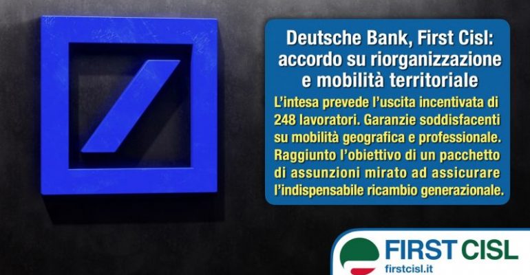Deutsche Bank, accordo su riorganizzazione e mobilità territoriale