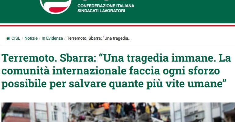 Terremoto Turchia Siria, First Cisl Monza Brianza Lecco dona mille euro