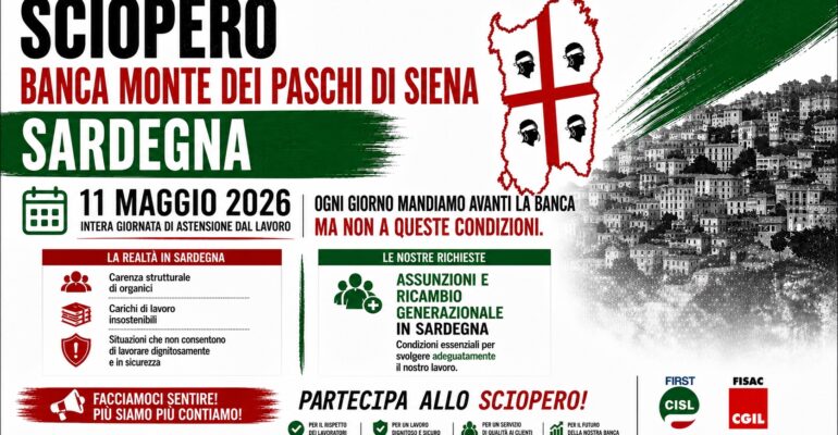 Lunedì 11 maggio sciopero Banca Monte dei Paschi in Sardegna