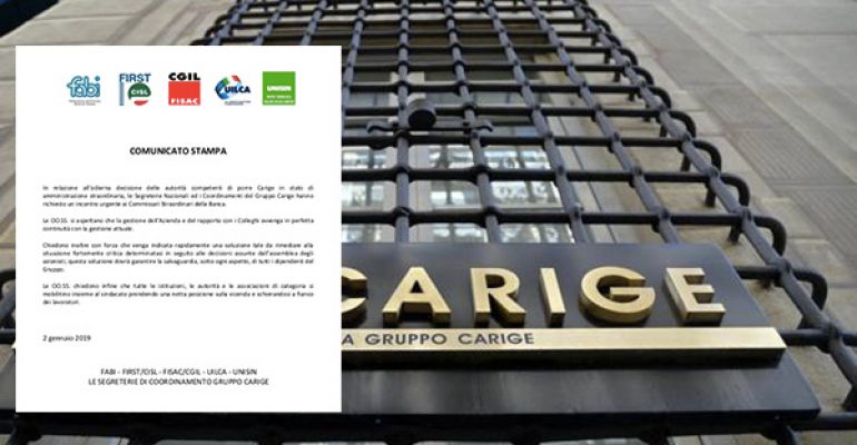 Carige, comunicato stampa sindacale, commissari operino in continuità