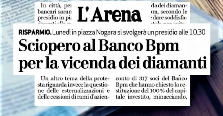 L’Arena, Banco Bpm sciopera per caso diamanti e contro esternalizzazioni