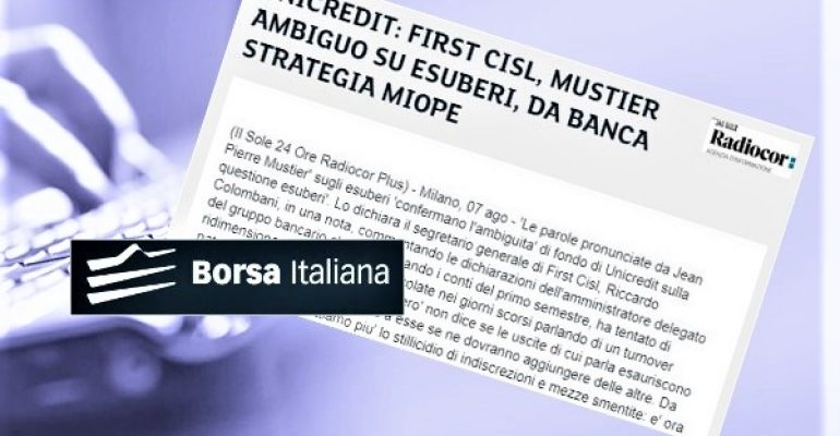Borsa Italiana, Colombani a Mustier, su esuberi in UniCredit parlare chiaro