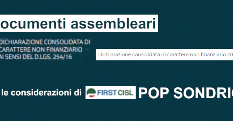 Pop Sondrio, il commento di First Cisl alla Dichiarazione di carattere non finanziario 2021