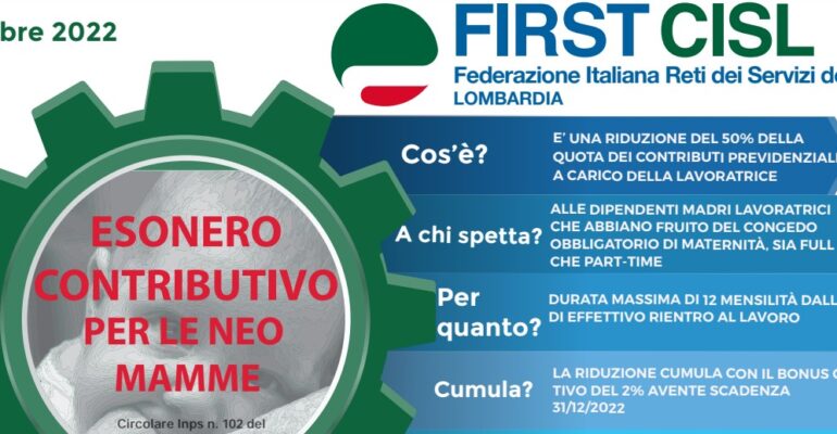 Esonero contributivo per le dipendenti neomamme, Infografica di First Cisl