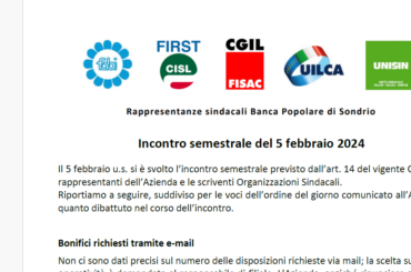 Incontro semestrale, gestione bonifici e ulteriori considerazioni di First Cisl Pop Sondrio