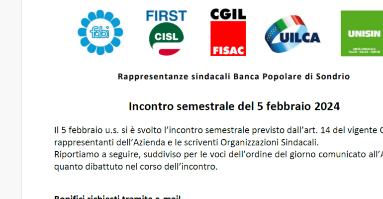 Incontro semestrale, gestione bonifici e ulteriori considerazioni di First Cisl Pop Sondrio