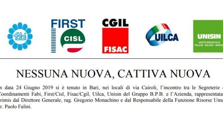 Banca Popolare Bari, sindacati esprimono preoccupazione e sfiducia