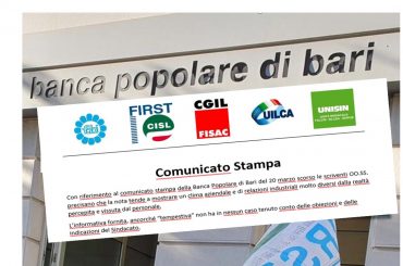 Pop Bari, Loconsole First Cisl, la salute innanzitutto