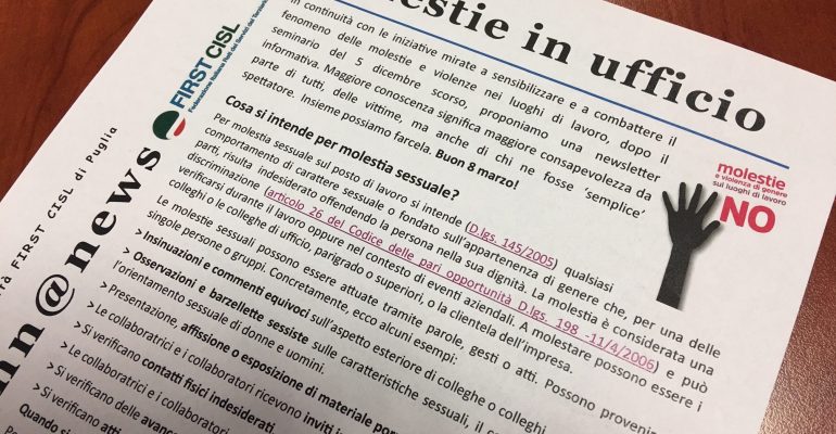 Molestie in ufficio, difendersi è un diritto, la newletter First Cisl Puglia
