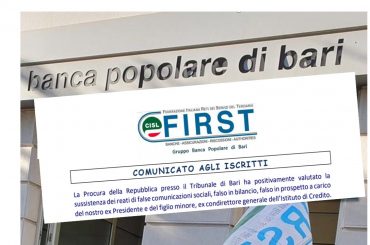 Popolare Bari, First Cisl parte civile nel processo a carico di Marco e Gianluca Iacobini