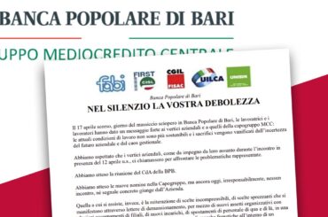 Popolare Bari, dopo lo sciopero nessuna risposta, i problemi permangono, la mobilitazione continua