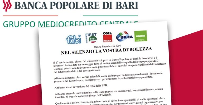 Popolare Bari, dopo lo sciopero nessuna risposta, i problemi permangono, la mobilitazione continua