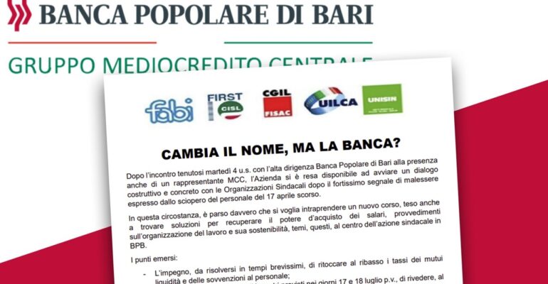 Pop Bari cambia nome, qual è il progetto? In mancanza di risposte continuerà la mobilitazione