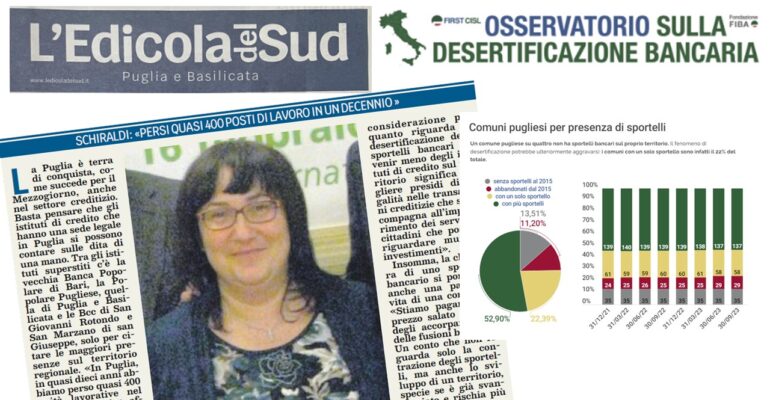 Schiraldi First Cisl Puglia, a Foggia e provincia la desertificazione bancaria è vera emergenza