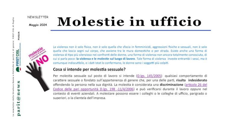 Violenza e molestie sul luogo di lavoro, come riconoscerle e cosa fare se si verificano. La newsletter First Cisl Puglia