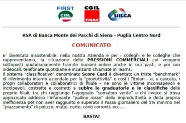 Semafori e classifiche nelle filiali Mps, la denuncia dei sindacati.  Berloco: “Viola l’accordo sulle politiche commerciali”