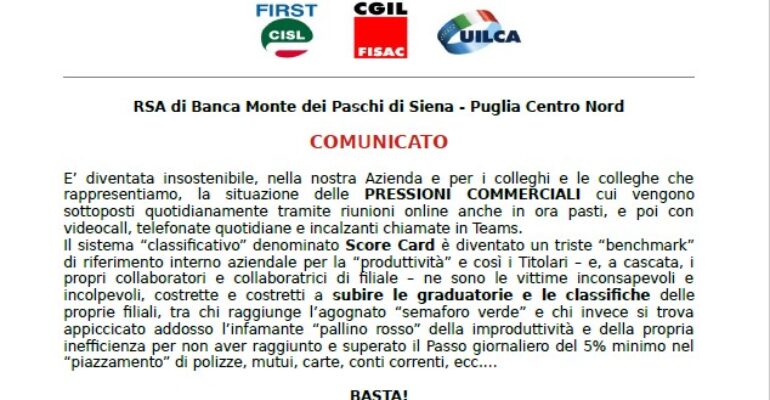 Semafori e classifiche nelle filiali Mps, la denuncia dei sindacati.  Berloco: “Viola l’accordo sulle politiche commerciali”