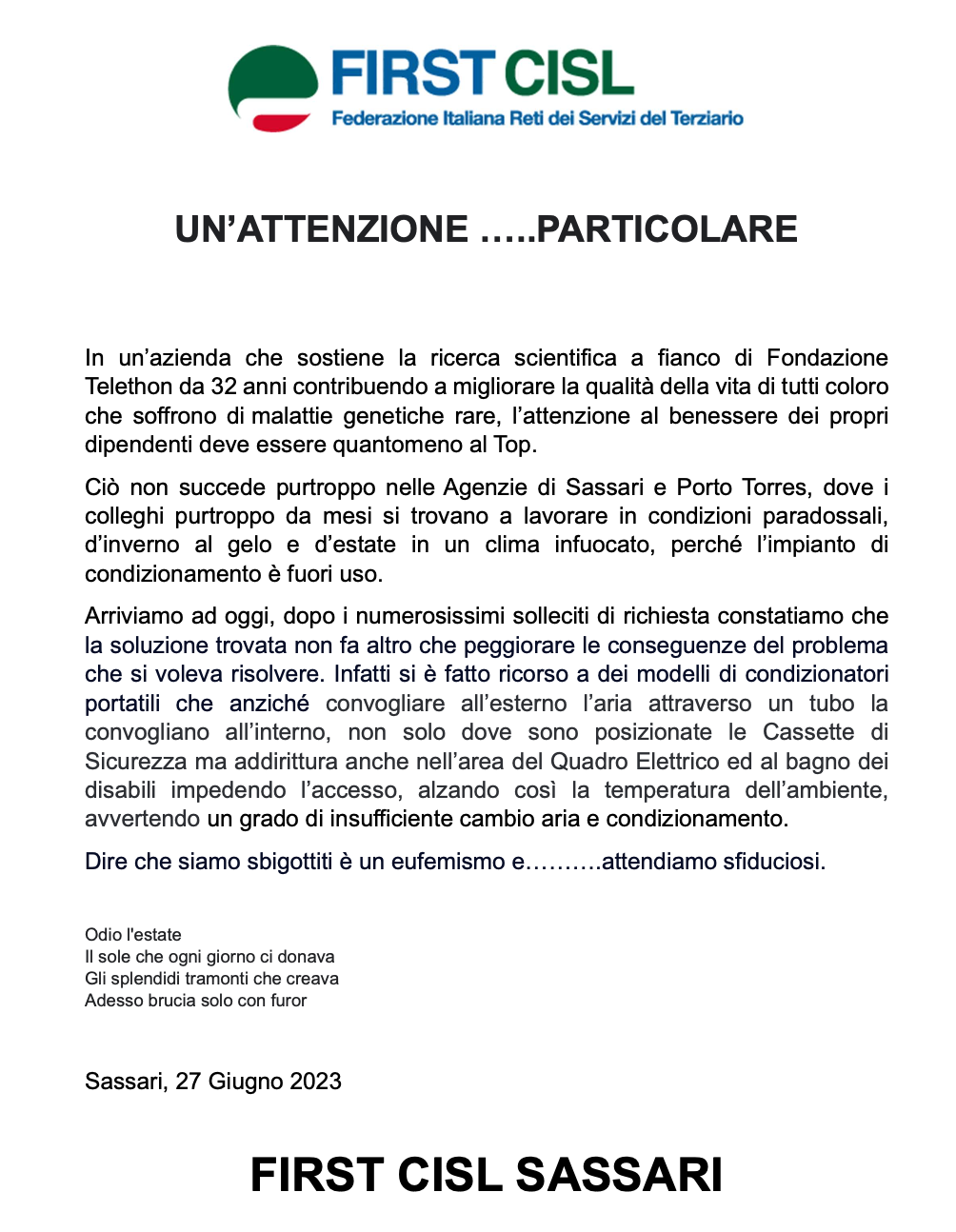 Immagine del comunicato ai lavoratori