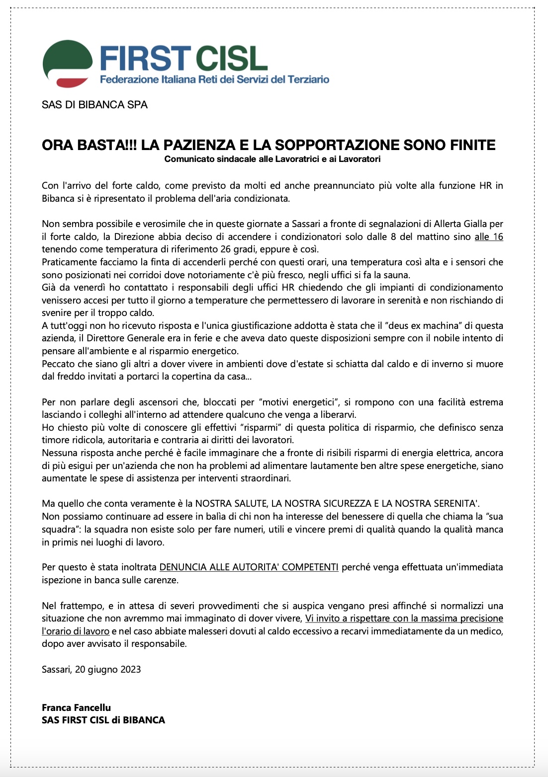 Il comunicato della First Cisl