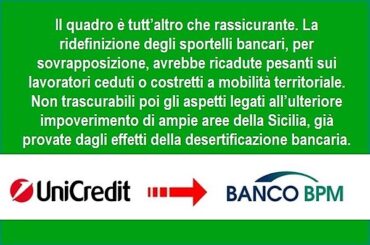 Ops UniCredit su Banco Bpm, per First Cisl Sicillia ricadute poco rassicuranti su sportelli, credito, risparmio e occupazione