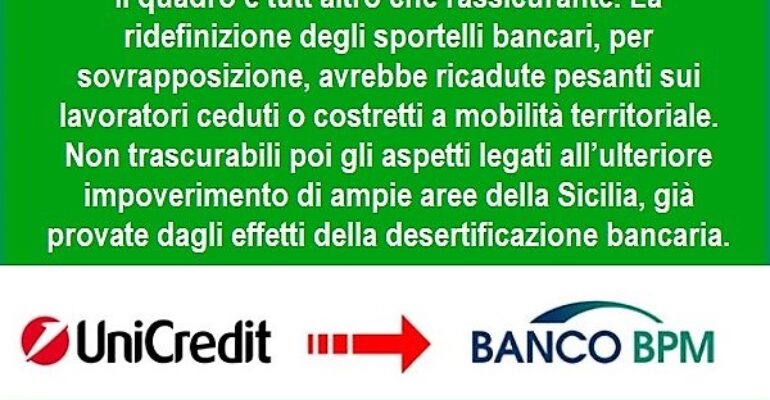 Ops UniCredit su Banco Bpm, per First Cisl Sicillia ricadute poco rassicuranti su sportelli, credito, risparmio e occupazione
