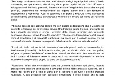 comunicato CISL SIENA – FIRST CISL Territoriale di Siena
