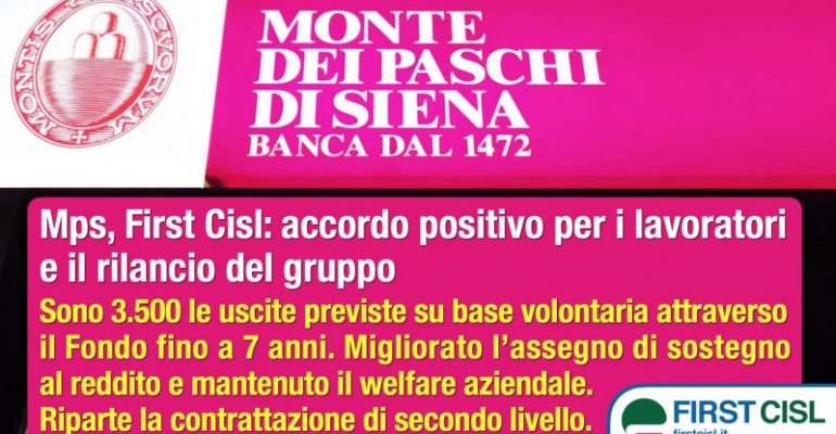 Mps, First Cisl, accordo positivo per i lavoratori e il rilancio del gruppo