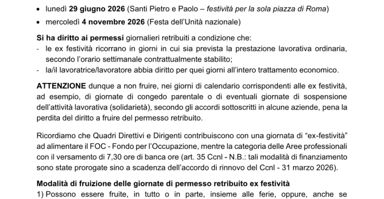 2026 Permessi ex Festività settore ABI