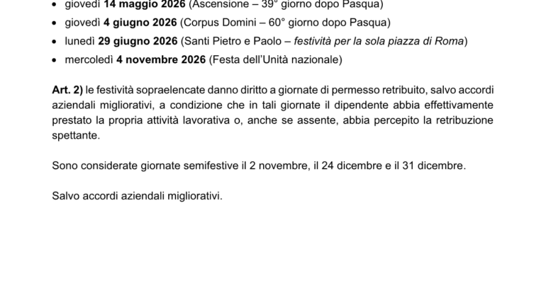 2026 Permessi ex fesitvità comparto ANIA