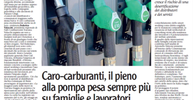 Caro carburanti. Lenzini a Toscana Oggi:”Contrattazione Aziendale, Smart working e incentivazione hub aziendali le possibili soluzioni per ridurre l’impatto per chi lavora”
