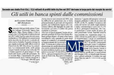 Mf, commissioni bancarie il turbo degli utili, lo certifica studio First Cisl