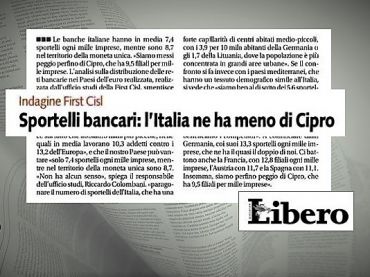 Libero, studio First Cisl su sportelli bancari, Cipro batte Italia