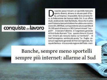 Conquiste del lavoro, studio First Cisl banche, avanza internet, Sud in allarme