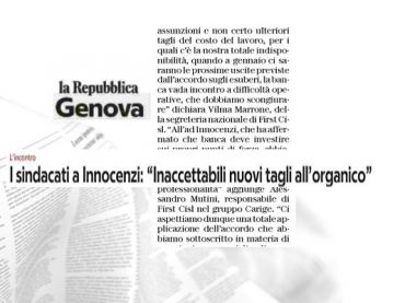 La Repubblica, First Cisl, in Carige impensabili nuovi tagli agli organici