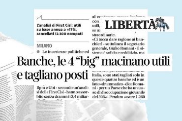 Studio First Cisl big banche, crescono utili cala costo lavoro, tagli iniqui