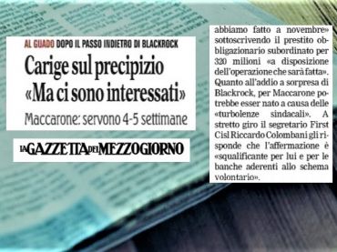 La Gazzetta del Mezzogiorno, Colombani, nessuna turbolenza sindacale su Carige