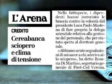 L’Arena, First Cisl, pressioni sui lavoratori di CereaBanca in sciopero