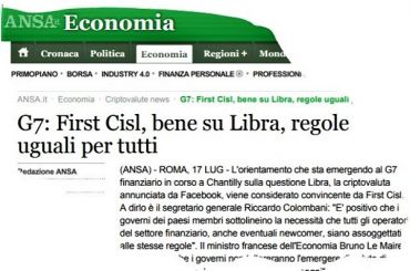 Ansa su Libra, Colombani, regole devono valere per tutti i soggetti vigilati