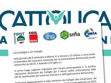 Cattolica assicurazioni, sottoscritto accordo ponte per le aziende del gruppo