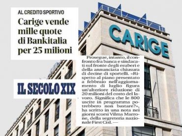 Esuberi e chiusura sportelli in Carige, First Cisl, il confronto prosegue