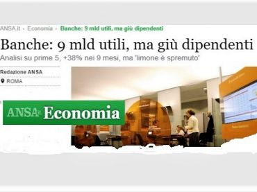 Ansa, studio First Cisl, banche in forte utile ma dipendenti giù