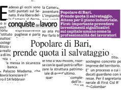 Conquiste del Lavoro, salvataggio PopBari, First Cisl, buona notizia per il Sud