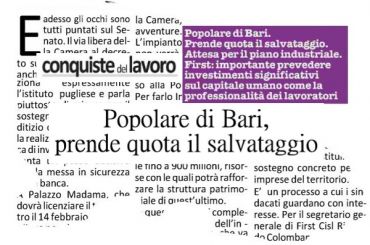 Conquiste del Lavoro, salvataggio PopBari, First Cisl, buona notizia per il Sud