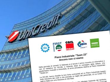 UniCredit, i sindacati sul piano industriale Team23, ancora non ci siamo